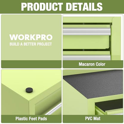 WORKPRO 12.5" Mini Tool Box with 2 Drawers & 1 Open Top Storage, Small Metal Tool Chest with PVC Liners & PP Feet Pads, Cold Rolled Steel Toolbox with Drawer Liners & Magnetic Tabs - color: Macaron Green