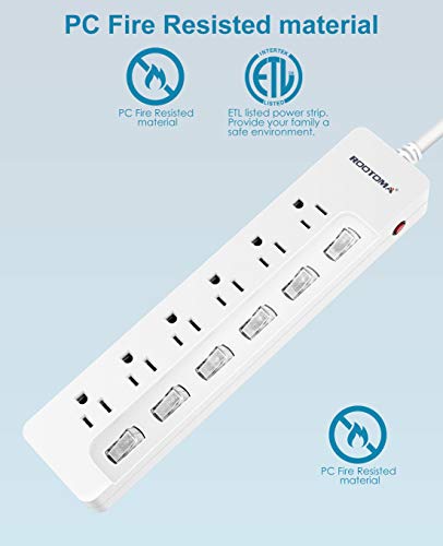 ROOTOMA Power Strip Surge Protector with Individual Switches,6-Foot 14AWG Long Extension Cord 1875W/15A Wall Mount for Office Dorm Home Theatre (6outlets-6ft) - size: 6 Ft - 6 Ac - White