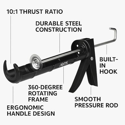 ADAK - Professional Caulking Gun, 10:1 Thrust Ratio, Caulking Gun No Drip, Hand Tool for Silicone & Sealant Application, Smooth Pressure Caulk Gun, Caulking Gun Tool (Whole Black) - color: Whole Black