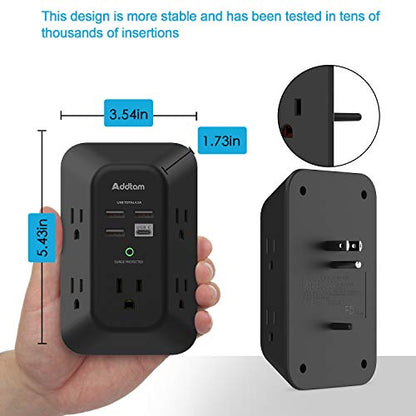 USB Wall Charger Surge Protector - Addtam 5 Outlet Extender with 4 USB Charging Ports (1 USB C), 3-Sided 1800J Power Strip Multi Plug Outlets Adapter Widely Spaced,Black - style: 1C3A