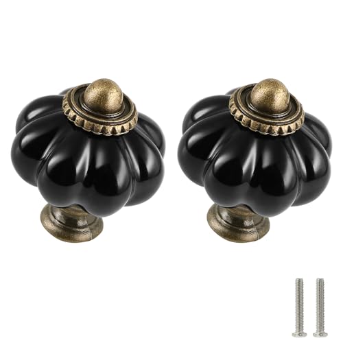 Black Pumpkin Knobs 2 Pack Ceramic Cabinet Knobs Vintage Drawer Pulls - Antique Dresser Pulls with Screws for Closet Drawer Cupboard Cabinet and DIY Home Project - color: Black