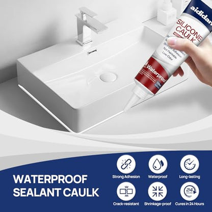 Silicone Caulk 4.23 Fl Oz for Kitchen & Bathroom - White, Waterproof Silicone Sealant for Window Toilet Sink Door Caulking Sealant Stronger Adhesion Shrink & Crack Proof (1 Pack)