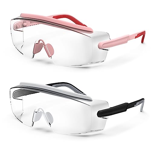 Anti Fog Safety Glasses Safety Goggles Over Glasses Protective Glasses with Anti Scratch Lenses Adjustable - color: 2 Pack (Pink + Grey)