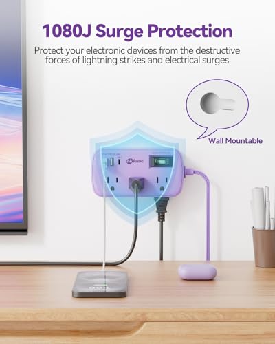 Purple Extension Cord with Surge Protected - Cute Travel Power Strip with 6 AC Outlet 3 USB (1 USB-C) Charging Station, Purple Desk Accessories Wall Mountable Cute Kawaii Lavender Office Dorm Room - size: 5 FT-Purple-45°Plug, style: 6AC+2U1C