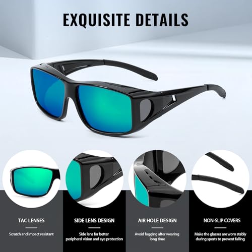 Myiaur Polarized Fit Over Glasses Sunglasses for Men Women, Trendy Wrap Around Sunglasses UV Protection for Driving (2 Pack) - color: A12(2 Pack) Black+bright Black/Green Lens