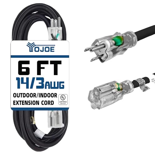 YOJOE Indoor Outdoor Extension Cord with Lighted End, 3 Prong 15A Weatherproof Power Cord, 14 Gauge Heavy Duty 6 ft Black Extension Cord for Garage, Garden and Home, 14/3 SJTW UL Listed - color: Black, size: 6 Foot