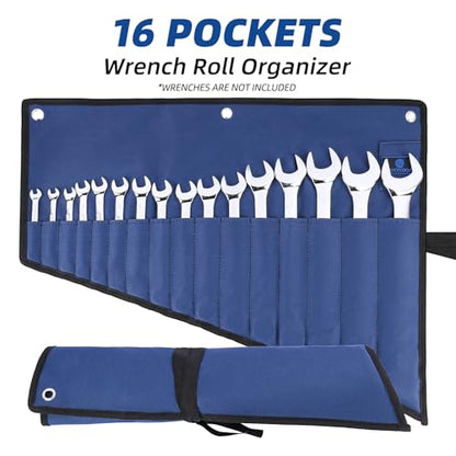 16 Pockets Wrench Roll Organizer, Rolled Tool Pouch Bag with Water Proof Oxford Cloth, Blue - color: Blue