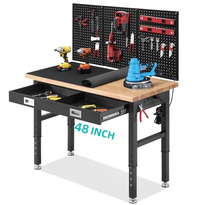 ENJOYWOOD 48" Adjustable Height Workbench with Drawers, Rubberwood Top, Pegboard & Power Outlets, Heavy Duty Work Table for Garage, Workshop & Home - size: XX-Small