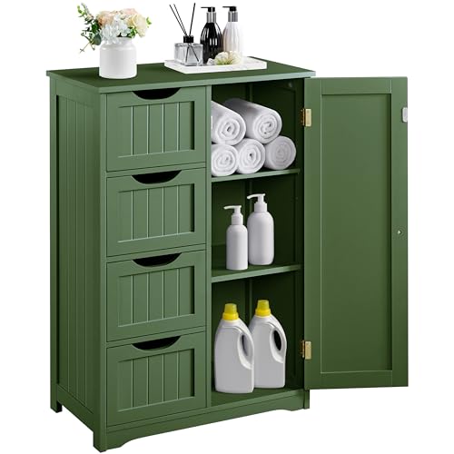Yaheetech Wooden Bathroom Floor Cabinet, Side Storage Organizer Cabinet with 4 Drawers and 1 Cupboard, Freestanding Entryway Storage Unit Console Table, Bathroom Furniture Home Decor, Green - color: Green, size: 22 x 12 x 32.5 In (LxWxH)