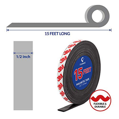 Magnetic Tape, 15 Feet Magnet Tape Roll (1/2'' Wide x 15 ft Long), with 3M Strong Adhesive Backing. Perfect for DIY, Art Projects, whiteboards & Fridge Organization