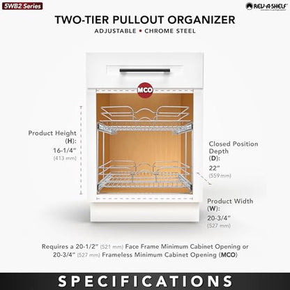 Rev-A-Shelf 2 Tier Kitchen Cabinet Pullout Shelf and Drawer Organizer Slide Out Pantry Storage Basket in Multiple Sizes, 21 x 22 In, 5WB2-2122CR-1 - size: 21" W X 22"d, style: Two Tier