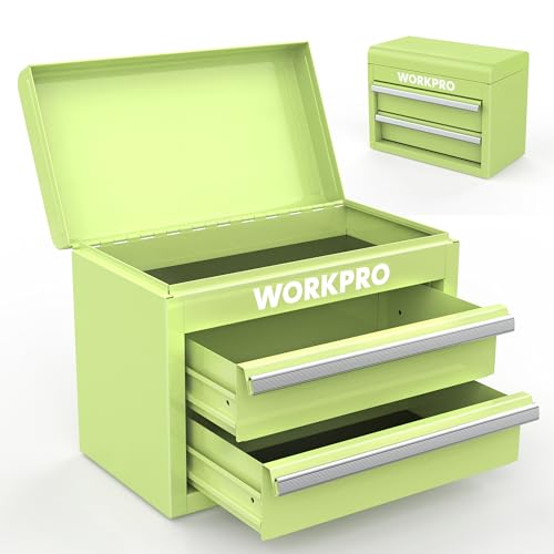 WORKPRO Mini Metal Tool Box with 2 Drawers and Top Storage, Small Tool Chest with PVC Liners and PP Feet Pads, Cold Rolled Steel Toolbox with Magnetic Tab - color: Macaron Green