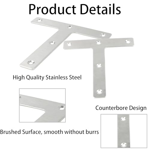 2PCS 120 x 120 mm T Shape Repair Plate, Stainless Steel T Shape Flat Mending Plates, Corner Brackets Angle Braces, Heavy Duty Furniture Repair Fixing Joint