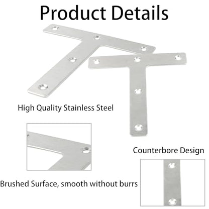 2PCS 120 x 120 mm T Shape Repair Plate, Stainless Steel T Shape Flat Mending Plates, Corner Brackets Angle Braces, Heavy Duty Furniture Repair Fixing Joint