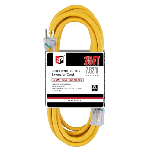 EP 25 ft Lighted Outdoor Extension Cord - 12/3 SJTW Heavy Duty Yellow Extension Cable with 3 Prong Grounded Plug - 15AMP Power Cord for Lawn, Garden, Appliances - color: Yellow, size: 25ft