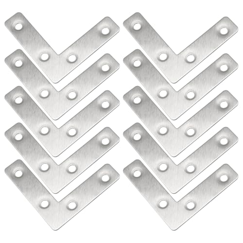 Hordion 10Pcs 2.4 x 2.4 Inch L Shape Bracket Flat Corner Brace (60 X 60mm), Right Angle Bracket Silver Heavy Duty Repair Mending Plates for Wood Furniture Chair Drawer Cabinet - size: 2.4*2.4''/60*60mm