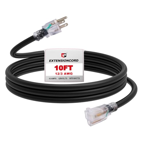 EP 10 Ft Outdoor Extension Cord, 12/3 SJTW Heavy Duty Waterproof Power Cable, 3 Prong Grounded Plug, Lighted End, for Lawn, Garden, Appliances, Black - color: Black, size: 10ft
