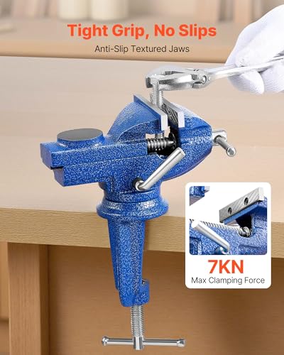 VEVOR Bench Vise, 3 Inch, Portable Workbench Vice with 360° Swivel Base, Quick Release Rotating Bench Clamp, Raised Base, Cast Iron Construction, for Woodworking, Metalworking, Drilling, and Cutting - size: 3inch