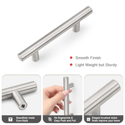 Probrico 5 Pack Hole Centers (76mm) 3inch Brushed Nickel Cabinet Pulls Stainless Steel Drawer Handles Euro Style T Bar Dresser Pull Handle Length 127mm(5inch) - color: Brushed Nickel, size: Hole Centers: 3"