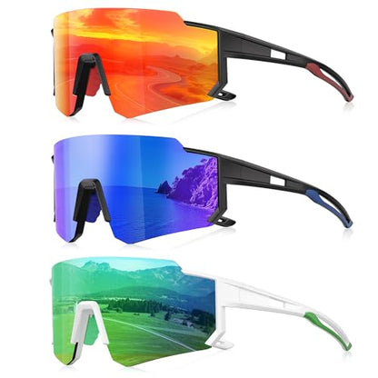 3 Pack Polarized Sunglasses for Men Women, Sports Mens Sunglasses with UV Protection for Baseball Cycling Running - color: B04-red/Dark Blue/Green