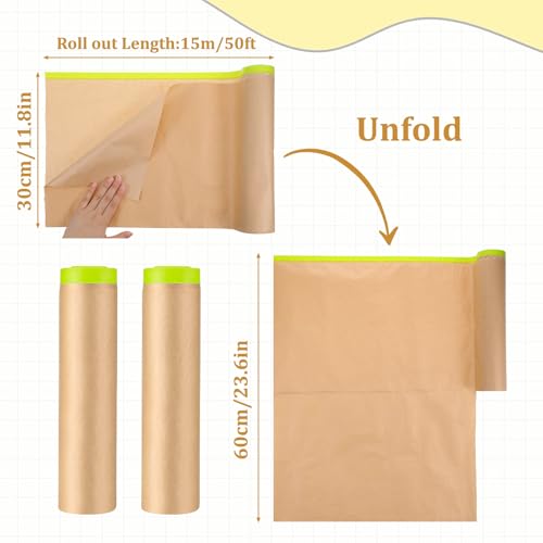 2 Rolls Pre-Taped Masking Paper for Painting 24 inch x 50 feet Tape and Drape Painters Painters Masking Tape Adhesive Protective Paper for Auto Body Covering Skirting Wall Covering