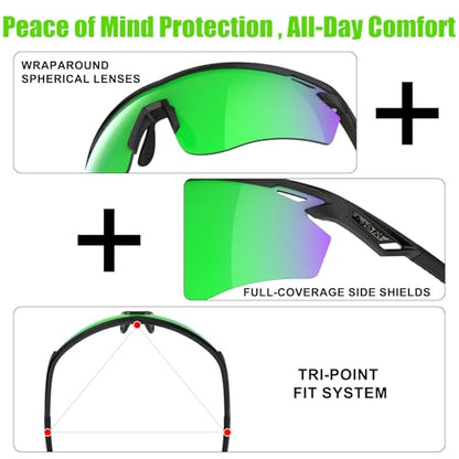 Polarized Sports Sunglasses for Men Women,Wrap Around Sun Glasses for Running Cycling Baseball Fishing Golf Hiking - color: Black Green
