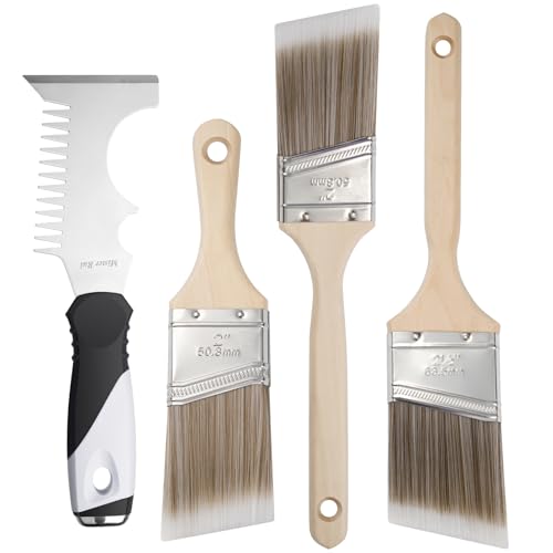 Mister Rui Paint Brush 4 Piece Set, 2" Short & Long Handle, 2.5" Angled Brushes with Paint Comb, Commercial Grade Trim, Cabinet, Roller Brushes - size: 4PCS, 2" Short, 2", 2.5", Paint Comb