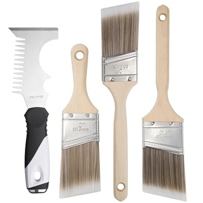 Mister Rui Paint Brush 4 Piece Set, 2" Short & Long Handle, 2.5" Angled Brushes with Paint Comb, Commercial Grade Trim, Cabinet, Roller Brushes - size: 4PCS, 2" Short, 2", 2.5", Paint Comb