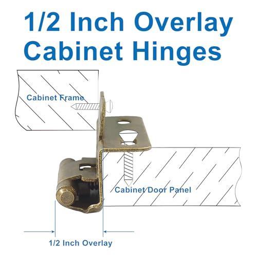 4 Pack (2 Pair) Antique Brass 1/2" Overlay Cabinet Hinges, Partial Wrap Self Closing Kitchen Cabinet Hinges Semi Hidden Cupboard Hinges with Screws - color: Antique Brass