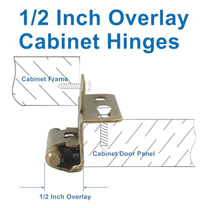 4 Pack (2 Pair) Antique Brass 1/2" Overlay Cabinet Hinges, Partial Wrap Self Closing Kitchen Cabinet Hinges Semi Hidden Cupboard Hinges with Screws - color: Antique Brass