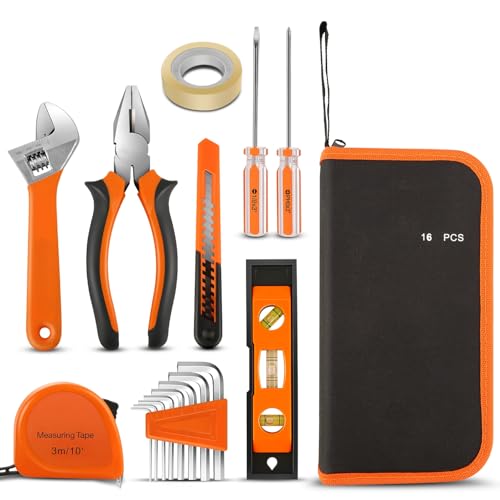 Auto Dynasty Tool Kit for Home 16-Pieces, Basic Household Hand Tool Sets with Hex Key Screwdriver and Adjustable Wrench, All in One Storage Bag for Garage, Home Maintenance, Auto Repair (Orange) - color: Orange, size: 16 Pcs