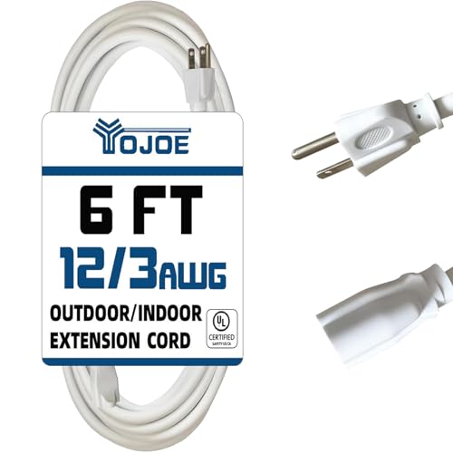 YOJOE Indoor Outdoor Extension Cord, 3 Prong 15A Weatherproof Power Cord, 12 Gauge Heavy Duty 6 ft White Extension Cord for Garage, Garden and Home, 12/3 SJTW UL Listed - color: White, size: 6 Foot, style: 12/3 Standard