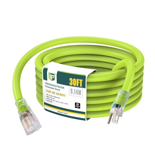 EP 30 Ft Lighted Outdoor Extension Cord - 10/3 SJTW Heavy Duty Green Extension Cable with 3 Prong Grounded Plug for Safety, UL Listed - color: Green, size: 30ft