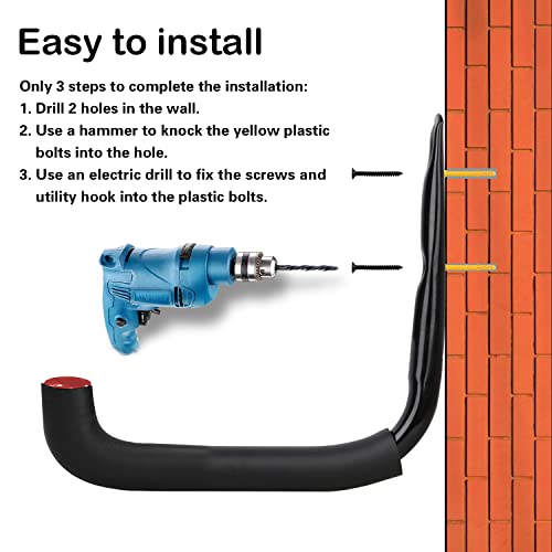 6 Set Garage Hooks - Wall Mounted, Heavy Duty, 7 Inch Large, Extension Cord Hanger, J Hooks for Ladder, Mowers, Cable Bracket - Black - size: 7 Inch- 6 Set