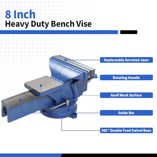Nakkaa 8" Heavy Duty Bench Vise Cast Iron Vise with 360° Flexible Swivel Locking Base Home Work 8 Inch Swivel Bench Vice with Anvil - size: 8 Inch Bench Vise