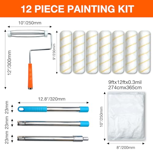12-Pack 9 Inch Paint Roller Kit with 3FT Extendable Pole, Microfiber Roller Covers, Frame, Plastic Drop Cloth, Painting Tools for Walls, Ceilings, Furniture, Home, DIY Renovation - color: 13 Pack, 9" roller