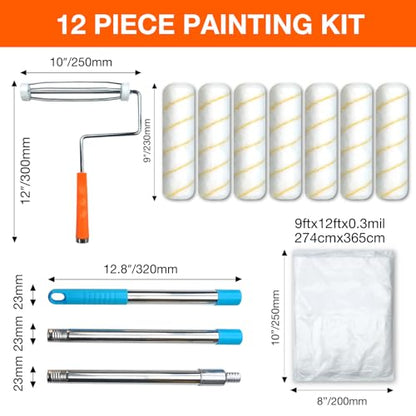 12-Pack 9 Inch Paint Roller Kit with 3FT Extendable Pole, Microfiber Roller Covers, Frame, Plastic Drop Cloth, Painting Tools for Walls, Ceilings, Furniture, Home, DIY Renovation - color: 13 Pack, 9" roller