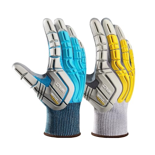 COOLJOB TPR Impact Resistant Safety Work Gloves with Grip, Sandy Nitrile Dipped Utility Gloves for Construction Workers, S-XL - color: Blue & Yellow, size: Large