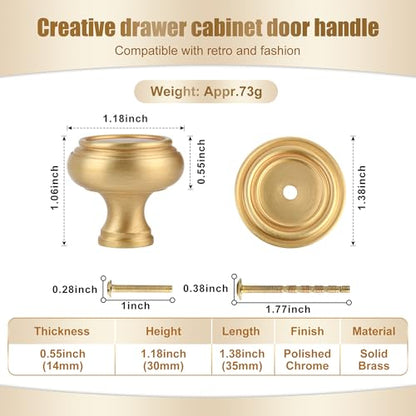 5 Pack Brushed Gold Solid Brass Kitchen Cabinet Knobs, Drawer Pulls, 1.18 Inch 30mm Diameter, Modern Furniture Handles for Cupboard Wardrobe(Antique) - style: Gold