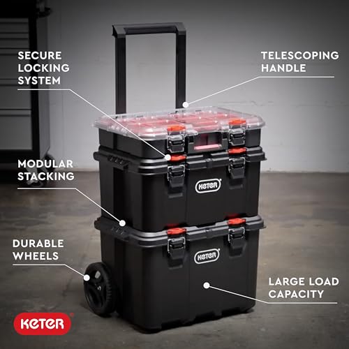 Keter Stack-n-Roll Modular Tools Organizer for Garage Storage and DIY, 3 Piece Resin Rolling Tool Box System for Small Parts, Black - size: 3PC System