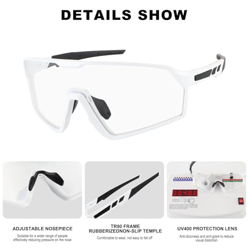 BangLong Photochromic Cycling glasses for Men Women, Clear Running MTB Sunglasses UV Protection - color: White Frame-photochromic