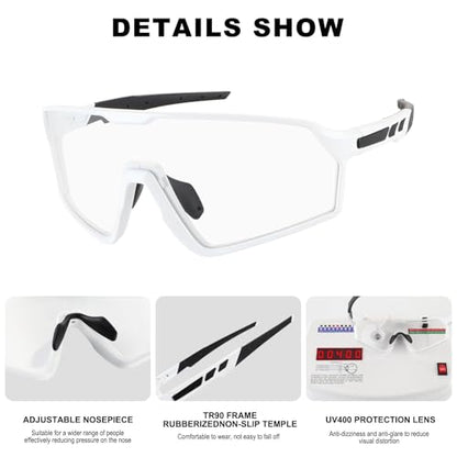 BangLong Photochromic Cycling glasses for Men Women, Clear Running MTB Sunglasses UV Protection - color: White Frame-photochromic