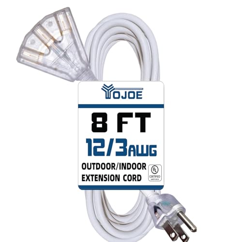 YOJOE 3-Outlets Indoor Outdoor Extension Cord with Lighted End, 3 Prong 15A Weatherproof Power Cord, 12 Gauge Heavy Duty 8 ft White Extension Cord Multiple Outlets, 12/3 SJTW UL Listed - color: White, size: 8 Foot