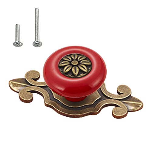 HUAMULAN 10 Pack Retro Ceramic Pulls,Vintage Dresser Kitchen Petal Cabinet Knobs Zinc Alloy Base Back Plate Kid Cupboard Wardrobe Drawer Door Handles,Bronze+Red - color: A3-Red-10PACK