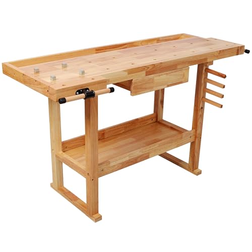 Montary 55" Wood Workbench, Heavy Duty Woodworking Bench with Adjustable Handle, 300Lbs Load Capacity Woodworking Table Work Bench with Drawer & Shelf for Garage, Workshop, Home Storage - size: 1 Drawer-55"A