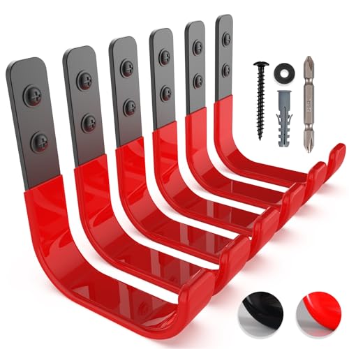 4 Inch Garage Hooks, 6 Pack Heavy Duty Wall Hooks for Hanging, Ladder Hangers for Garage Wall Mount, Steel J Utility Garden Hose Holder Tool Organizers and Storage(55lbs) - color: Red