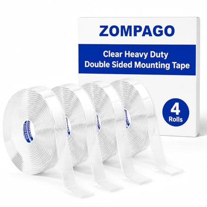 ZOMPAGO Double Sided Tape 4 Rolls 0.6in x 9.84FT Clear Heavy Duty Mounting Tape for Walls Picture Hanging Carpet Adhesive Acrylic Strong Removable No Damage - size: 4 Rolls 0.6in X 9.84ft