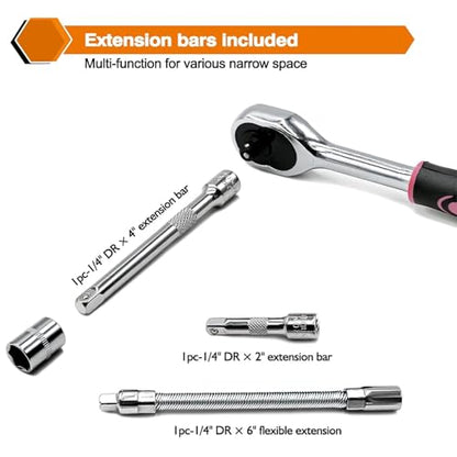 Egofine 46 Pieces 1/4 inch Drive Socket Ratchet Wrench Set, with Bit Socket Set Metric and Extension Bar for Auto Repairing and Household, with Pink Storage Case - style: 1/4" 46 PCS-Pink