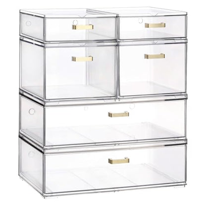 LALOBLUE Stackable Storage Drawers, 6 Pack Clear Acrylic Organizer Bins with Golden Handles, Multi-Size Plastic Drawers for Makeup, Vanity, Kitchen, Bathroom, Office, Pantry Organization and Storage - style: 6 Pack