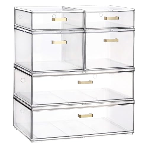 LALOBLUE Stackable Storage Drawers, 6 Pack Clear Acrylic Organizer Bins with Golden Handles, Multi-Size Plastic Drawers for Makeup, Vanity, Kitchen, Bathroom, Office, Pantry Organization and Storage - style: 6 Pack